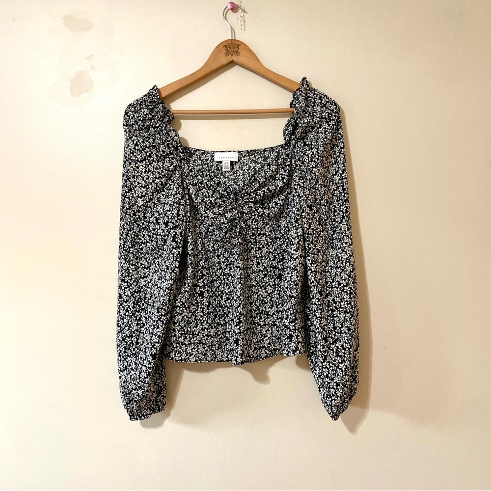 TopShop Blouse Black White Floral Balloon Sleeve Sweetheart Tie Neck 10